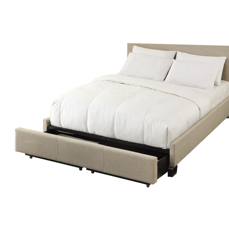 Pax Queen Bed, Storage Footboard, Button Tufted Upholstery, Beige Linen - Benzara