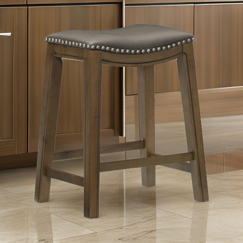 Miel 26 Inch Counter Height Stool, Gray Faux Leather Seat, Brown Solid Wood