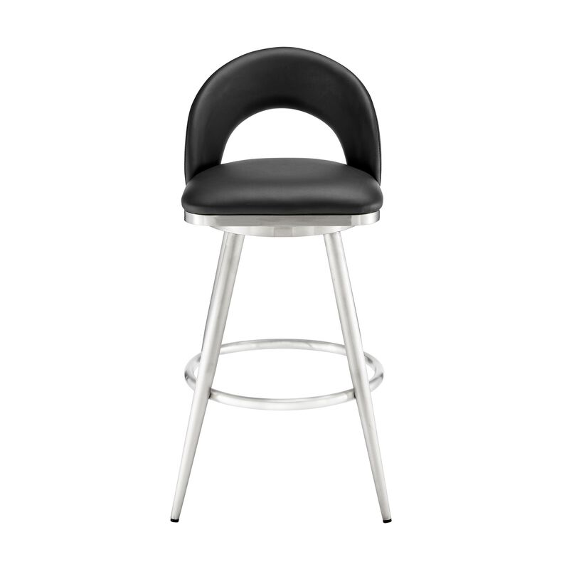 Visy 30 Inch Swivel Barstool Chair, Round Open Back, Black Faux Leather - Benzara