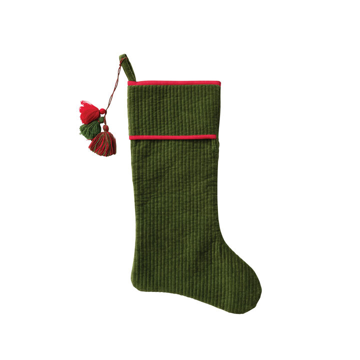 Quilted Cotton Velvet Stocking with Tassels, Red & Green