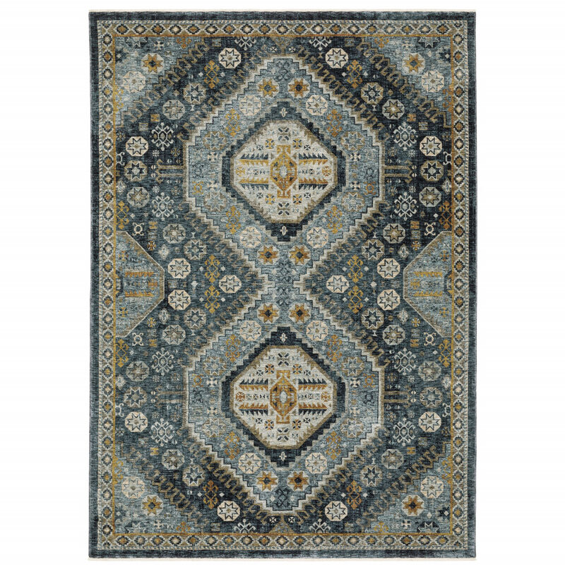 2 X 3 Light Blue Navy gold Ivory And grey Oriental Power Loom Stain Resistant Area Rug With Fringe