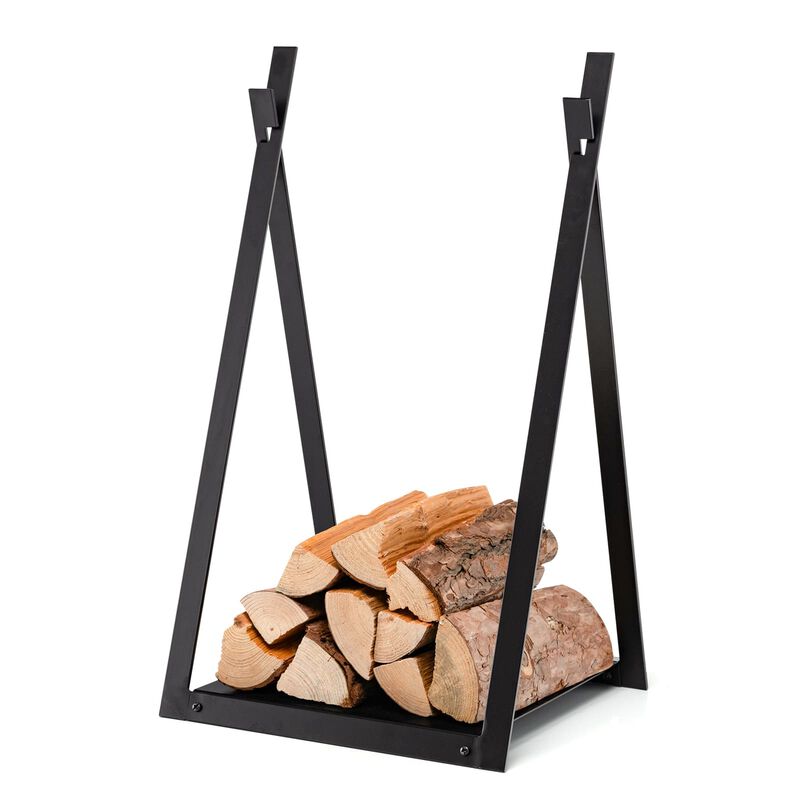 Triangle Firewood Rack with Raised Base for Fireplace Fire Pit-Black