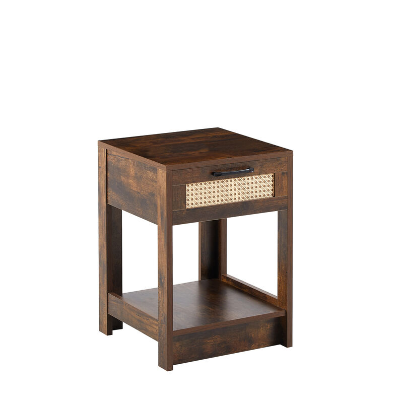 Rattan End Table with Drawer, Modern Nightstand, Side Table for Living Room, Bedroom, Rustic Brown