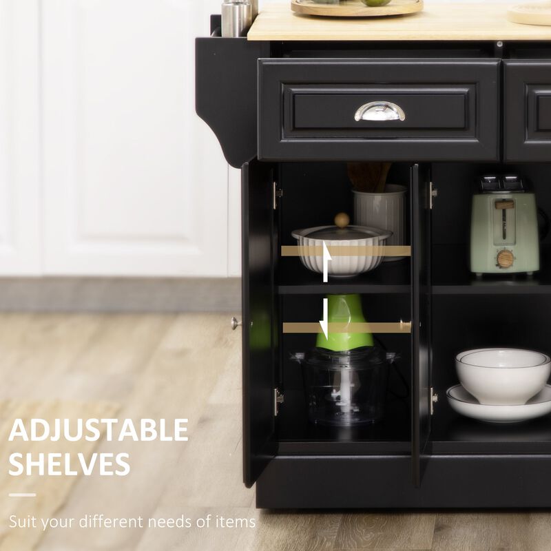 Kitchen Island with Storage Rolling Kitchen Serving Cart with Rubber Wood Top Towel Rack Storage Drawer Cabinet Black