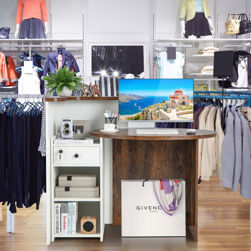 Costway Front Reception Counter Desk Checkout Office Desk with Open Shelf & Lockable Drawer