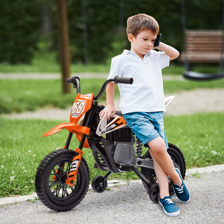 BreeBe 12V Kids Electric Motorcycle w/ Twist Grip Throttle, Training Wheels, Rear Suspension & Music