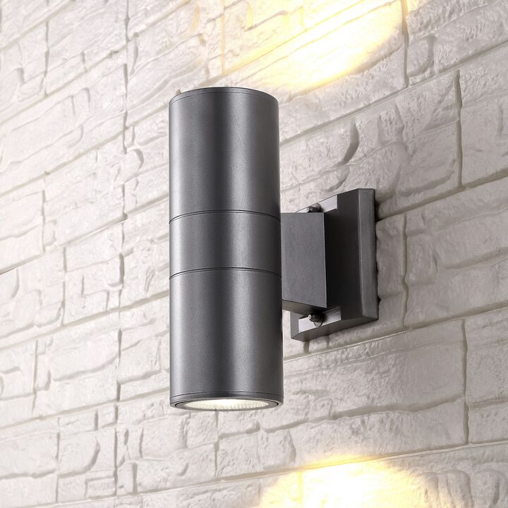 Duo 2-Light Modern Midcentury Cylinder Outdoor Metal/Glass Integrated LED Sconce with Uplight