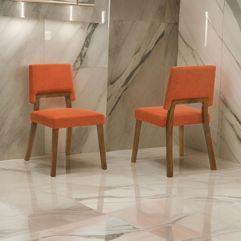 Yumi 23 Inch Dining Chair, Set of 2, Orange Fabric Seat, Walnut Brown - Benzara