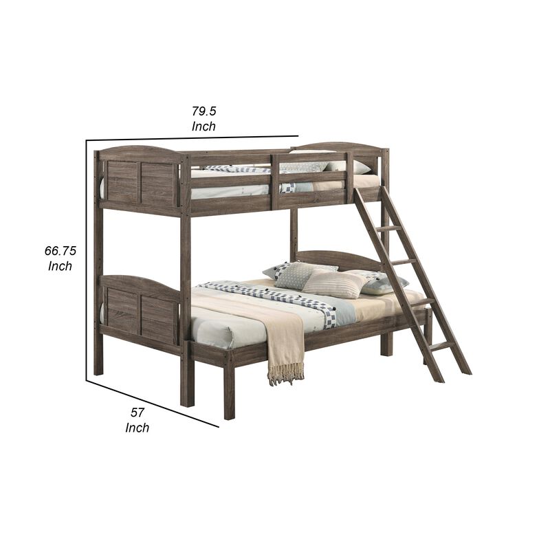 Twin over Full Bunk Bed Set, Slatted Guard Rails, Weathered Brown Wood - Benzara