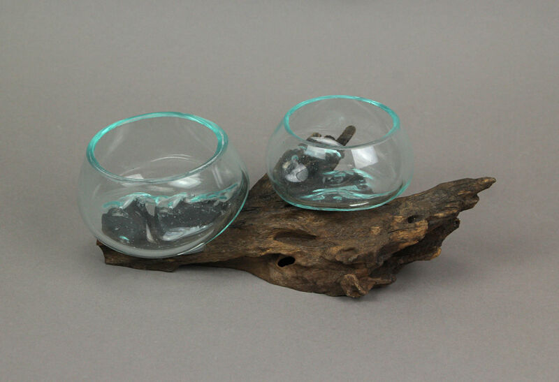 Molten Glass On Coffee Wood Root Double Decorative Bowl Vase Plant Terrarium image number 3