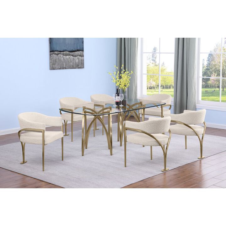 Best Quality Furniture 7Pc Tempered Glass Dining Table Set With 6 Cream With Matte Gold Side Chairs