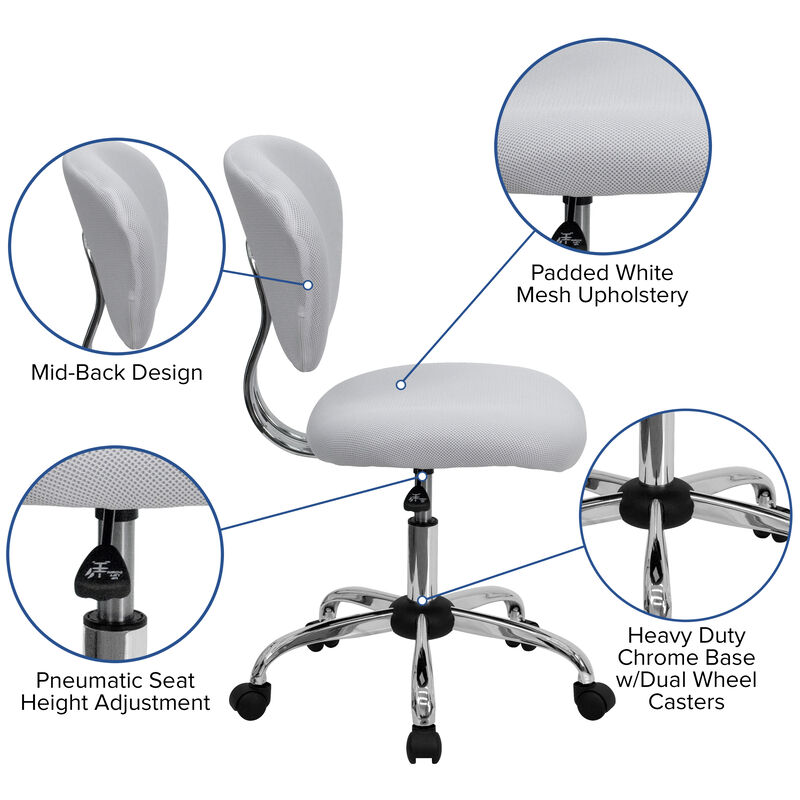 Beverly Mid-Back White Mesh Padded Swivel Task Office Chair with Chrome Base image number 3
