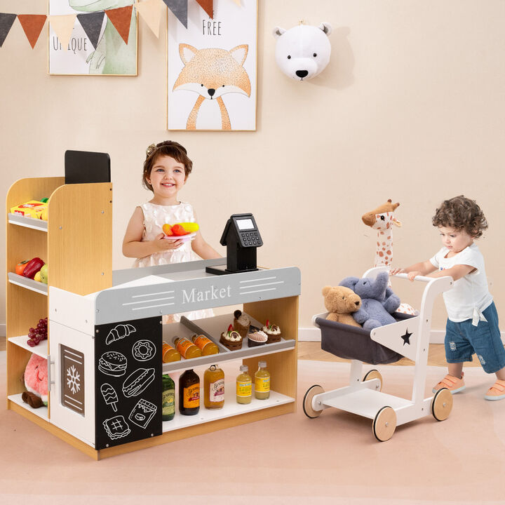Grocery Store Set with Shopping Cart and 2 Chalkboards Pretend Play Toy for Kids