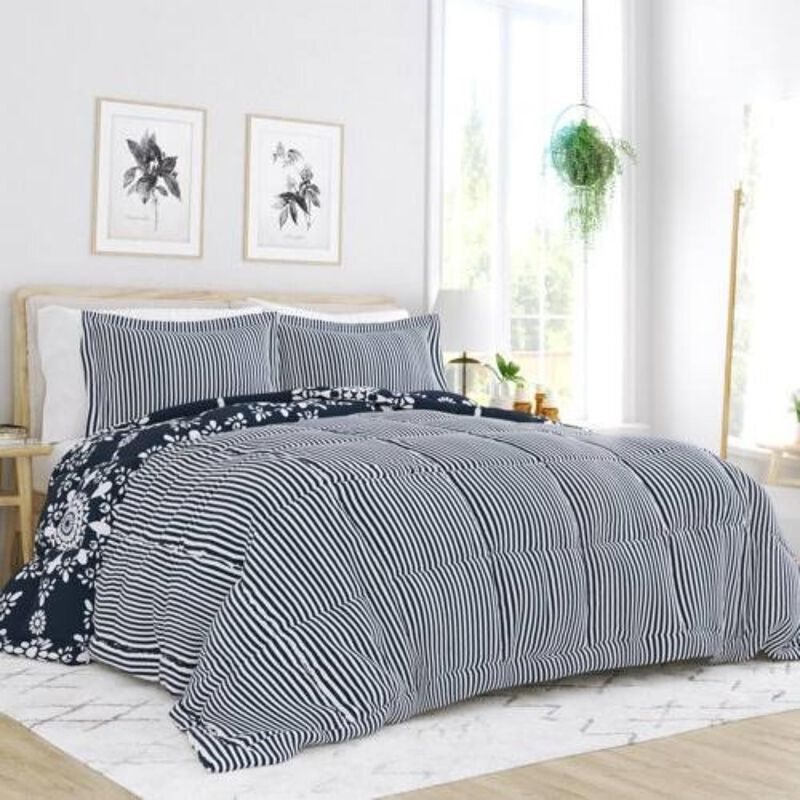 Hivvago King size 3 Piece Navy Blue White Reversible Floral Striped Comforter Set