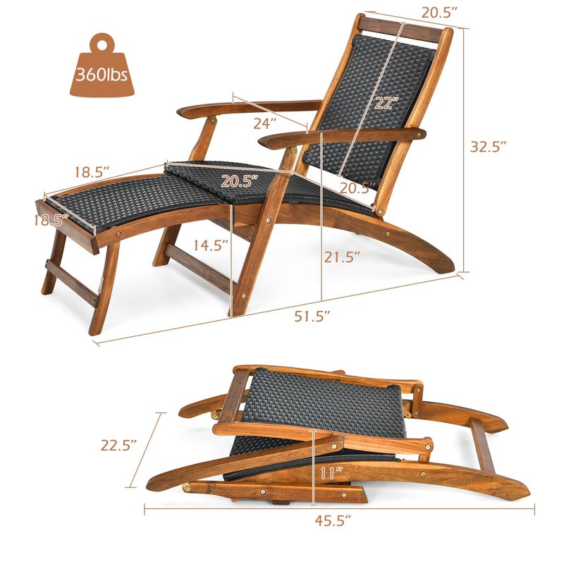 Set of 2 Folding Patio Rattan Lounge Chairs with Acacia Wood Frame and Footrest image number 2