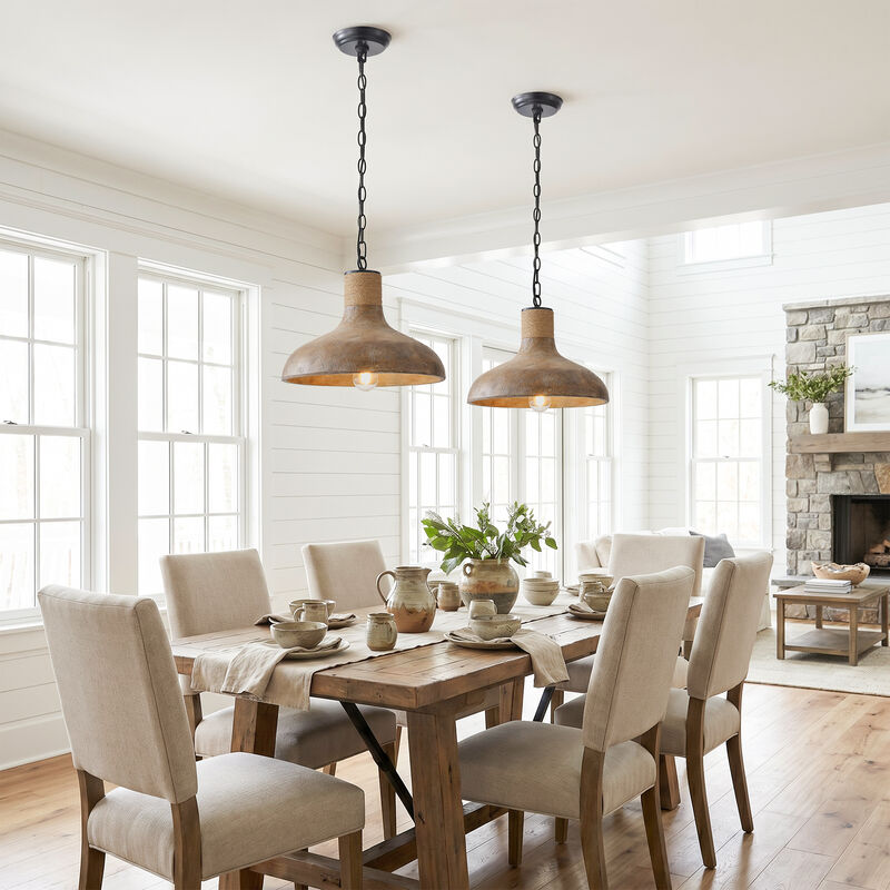 15" Farmhouse Wood Color Dome Chandelier, Pedant Light with Resin Light Shade for Bedroom, Living Room or Dining Room image number 3