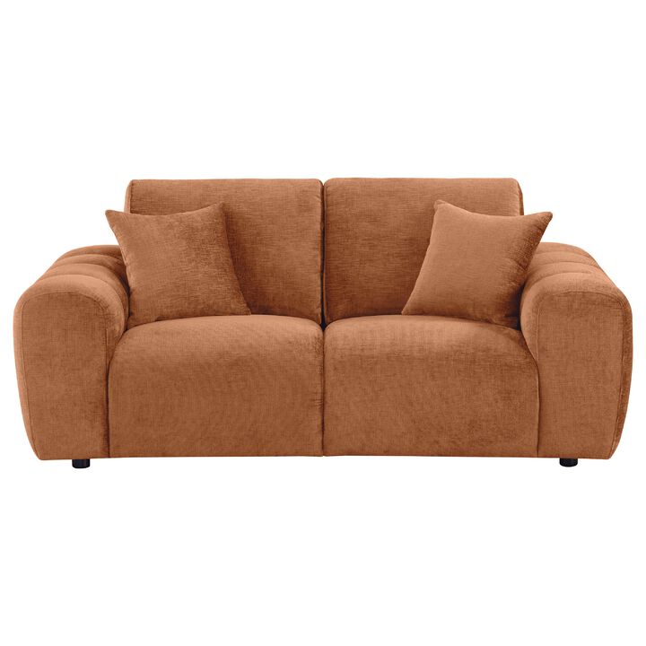 Becy Loveseat, 2 Pillows, Burnt Orange Chenille, 78 Inch Chunky Arms