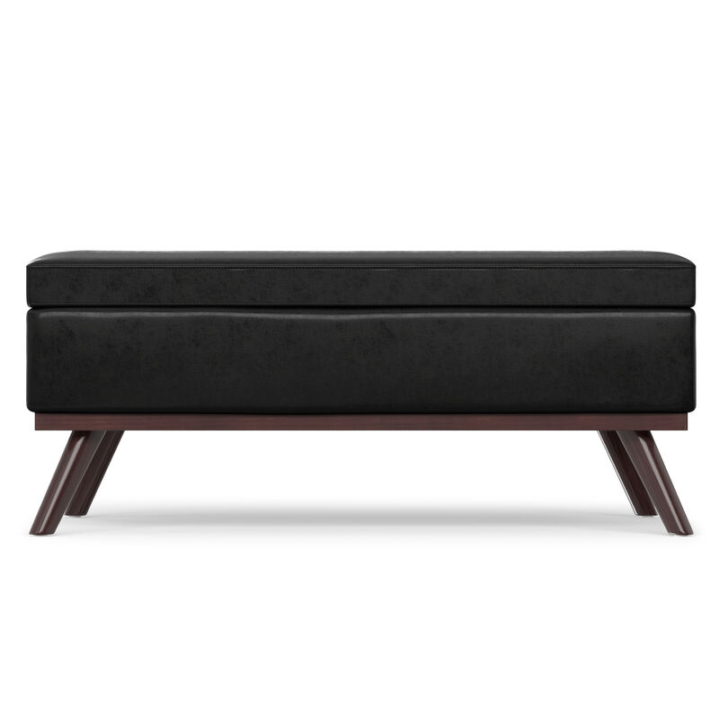 Owen 42 inch Wide Mid Century Modern Rectangle Lift Top Large Coffee Table Storage Ottoman in Distressed Black Vegan Faux Leather, Assembled image number 2