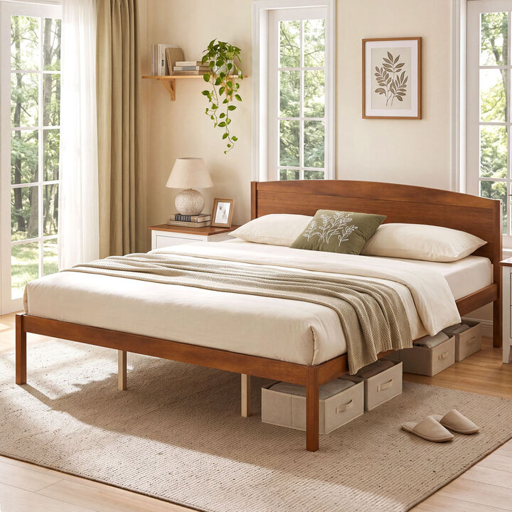 Wood Bed Frame with Curved Headboard and Platform Design for Bedroom