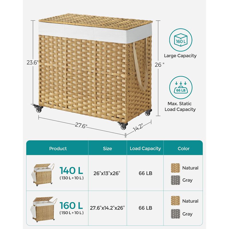 Handwoven 160L Rattan-Style Laundry Hamper with 3 Compartments and Removable Liner