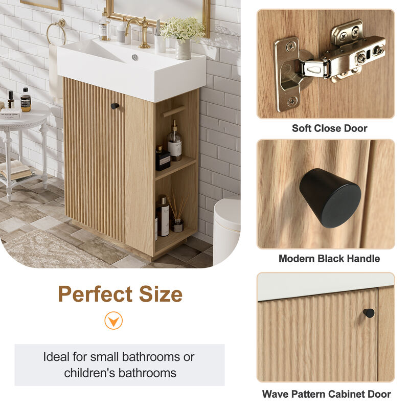 Whisen 21.6" bathroom vanity with ceramic sink, freestanding modern left door wood grain cabinet with open and closed storage