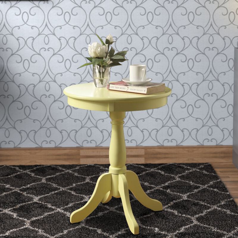 Traditional Style Wooden Round Side Table with Turned Pedestal Base, Yellow-Benzara