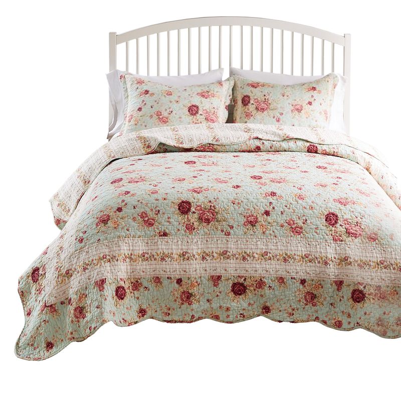 Rosle 3pc King Size Bedspread Set, 2 Shams, Rose Print, Soft Blue Cotton - Benzara
