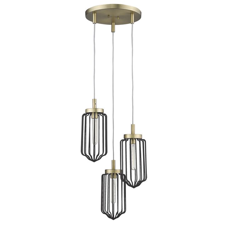 HomeRoots Gold Caged Three Light Metal Dimmable Chandelier With Black Shades