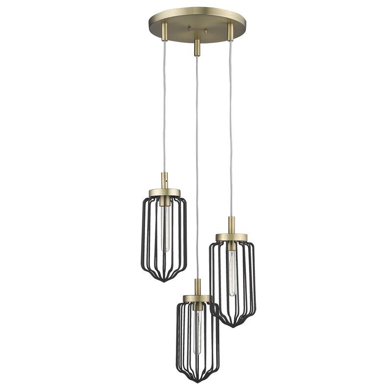 HomeRoots Gold Caged Three Light Metal Dimmable Chandelier With Black Shades image number 0