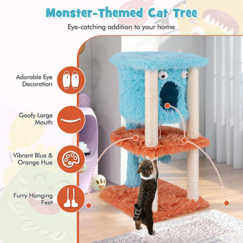 Hivvago Cute Monster-Themed Cat Tower with Private Condo and Soft Long Plush