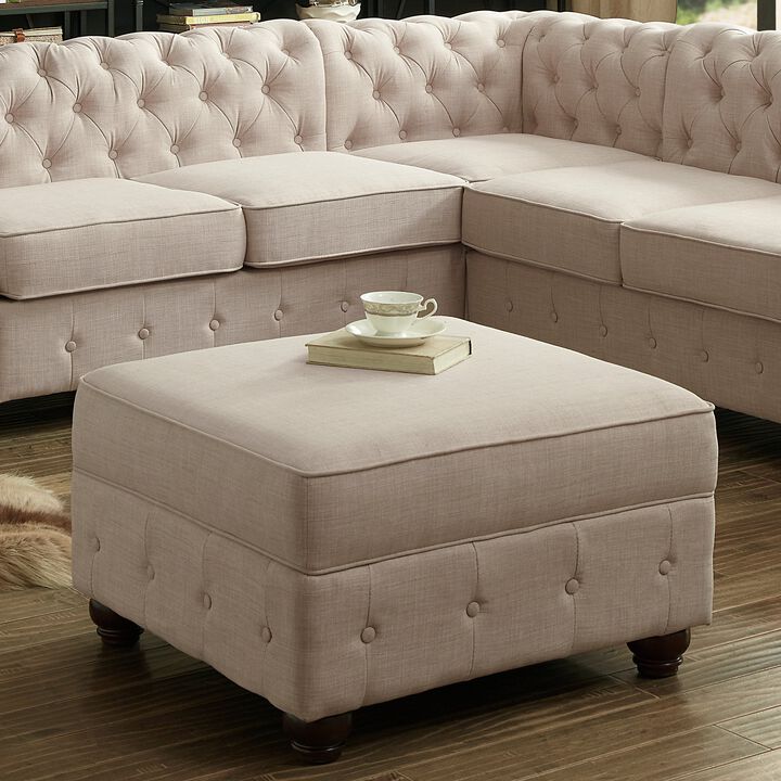 Classic Button-Tufted Linen Ottoman with Vintage Wooden Legs