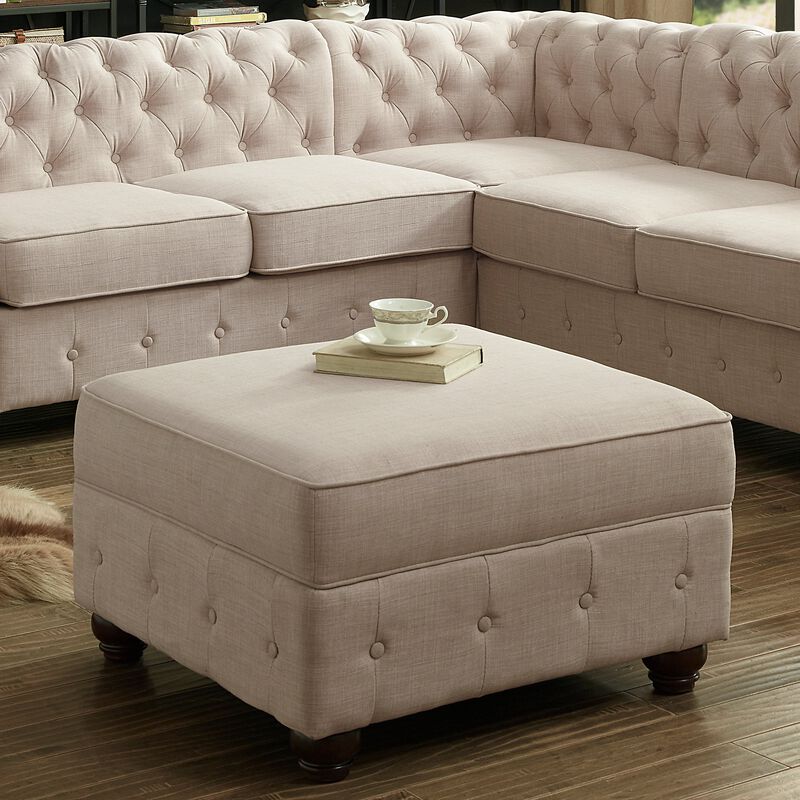 Classic Button-Tufted Linen Ottoman with Vintage Wooden Legs