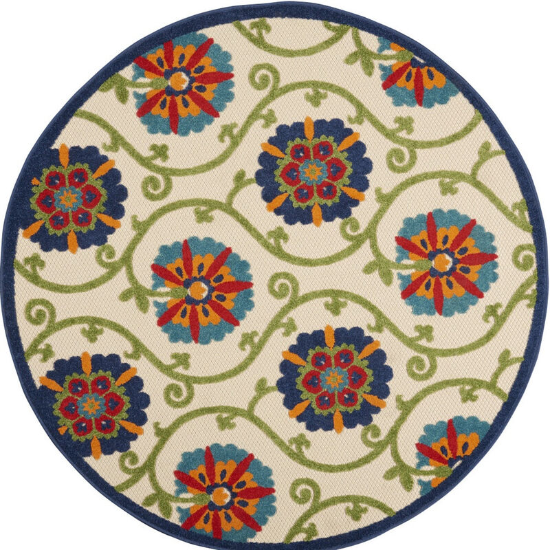 HomeRoots 5' Navy Blue Beige Green Blue And Red Round Floral Indoor Outdoor Area Rug image number 0