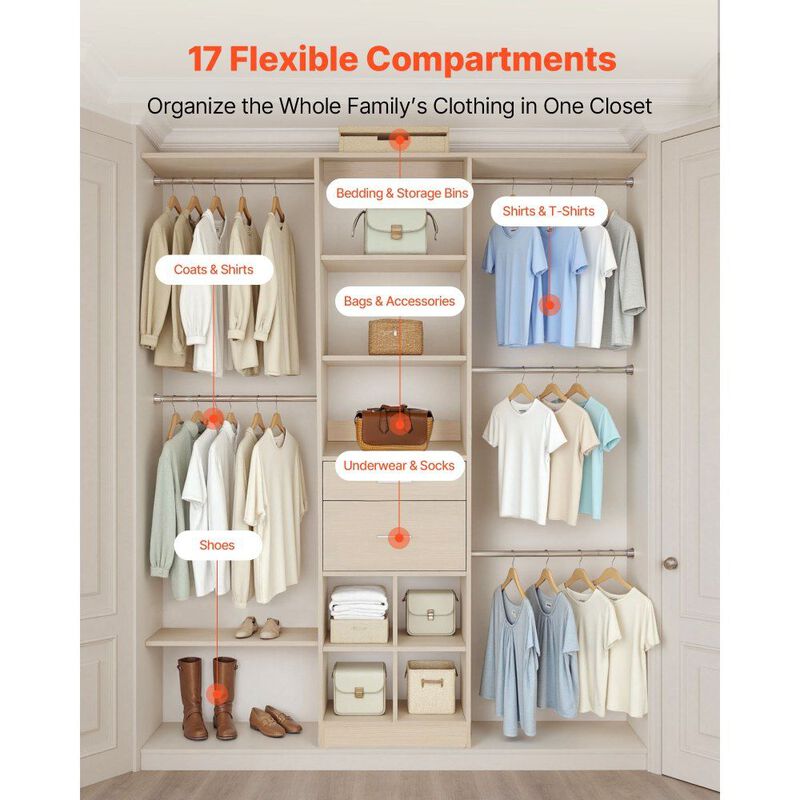 Modern Closet Organizer with 2 Drawers and 5 Retractable Hanging Rods, Grey image number 3