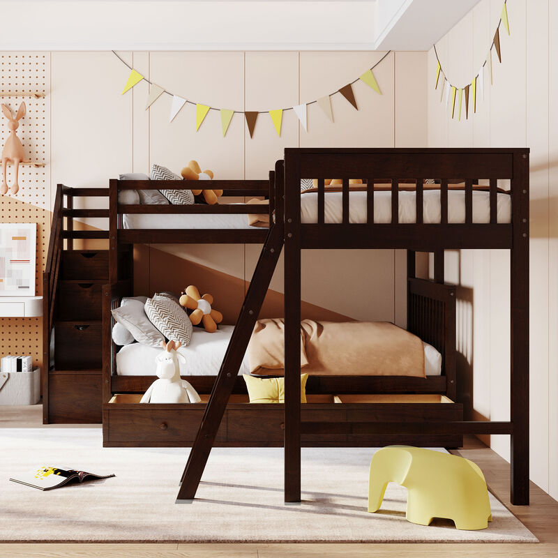 Merax Twin over Full L-Shaped Bunk Bed With 3 Drawers, Ladder and Staircase image number 2