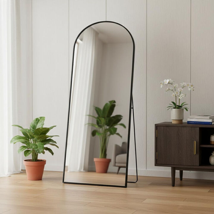 HomeRoots 70" Black Metal Arch Wall Mounted Leaning Or Freestanding Framed Full Length Mirror