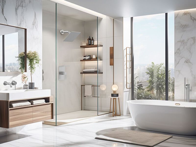 Bathroom Shower System with 8-Inch Rain Shower Head, Storage Shelf & Single Spray Shower Faucet