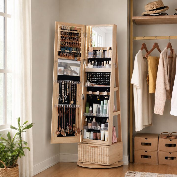 360&deg; Swivel Jewelry Cabinet with Full-Length Mirror, Lockable Storage, LED Lights and Rear Shelves