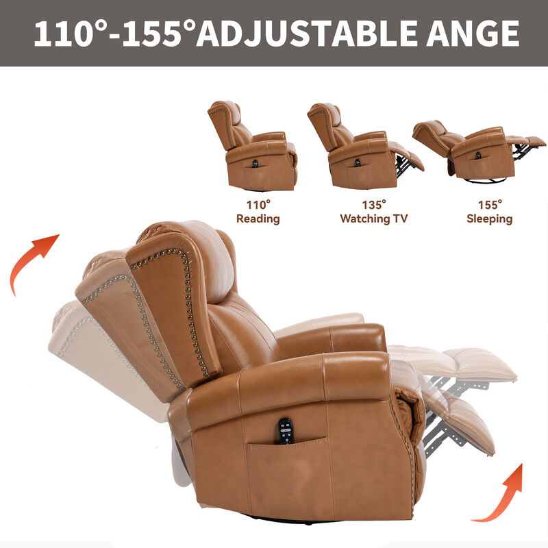 Genuine leather Heat Massage Manual Recliner Chair with Rocker and Swivel for Living Room image number 6