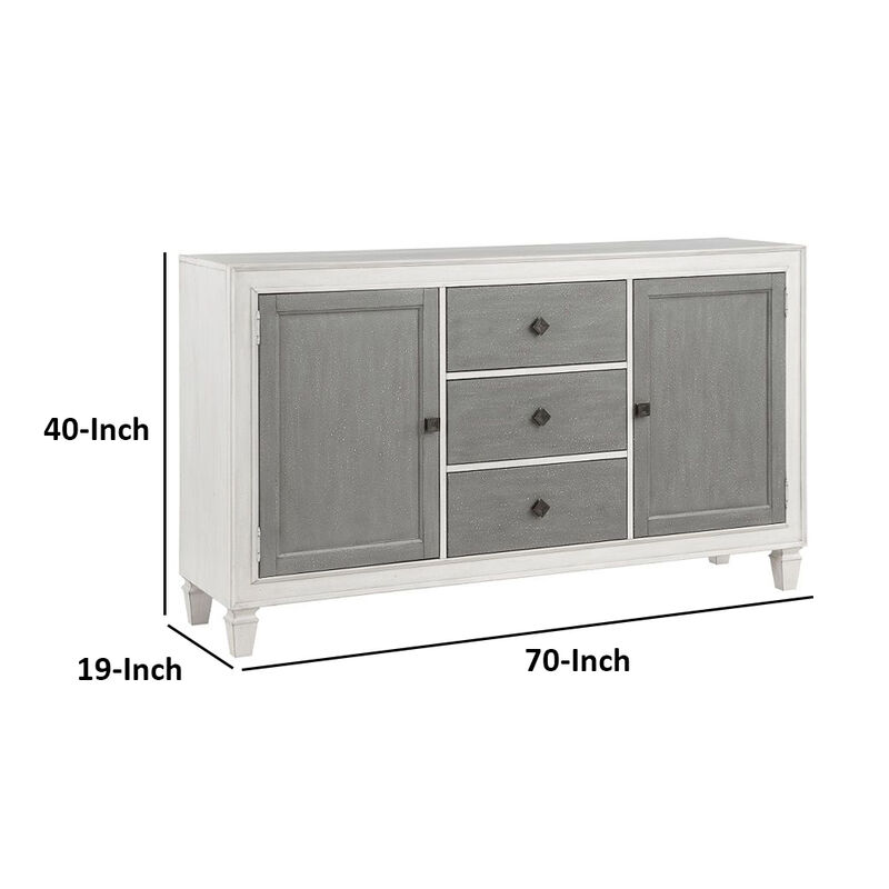 Kate 70 Inch Sideboard Server Console, 3 Drawers, 2 Cabinets, Gray, White