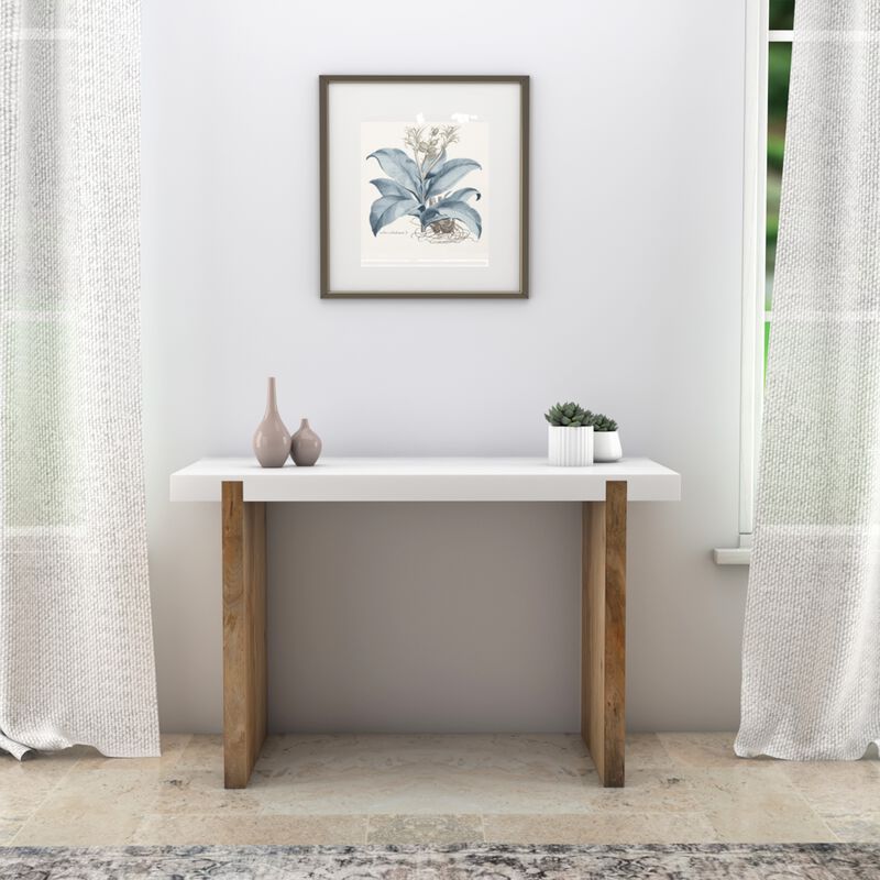 Kerry 48 Inch Rectangular Mango Wood Console Table, Sled Base, Glossy White, Natural Brown-Benzara