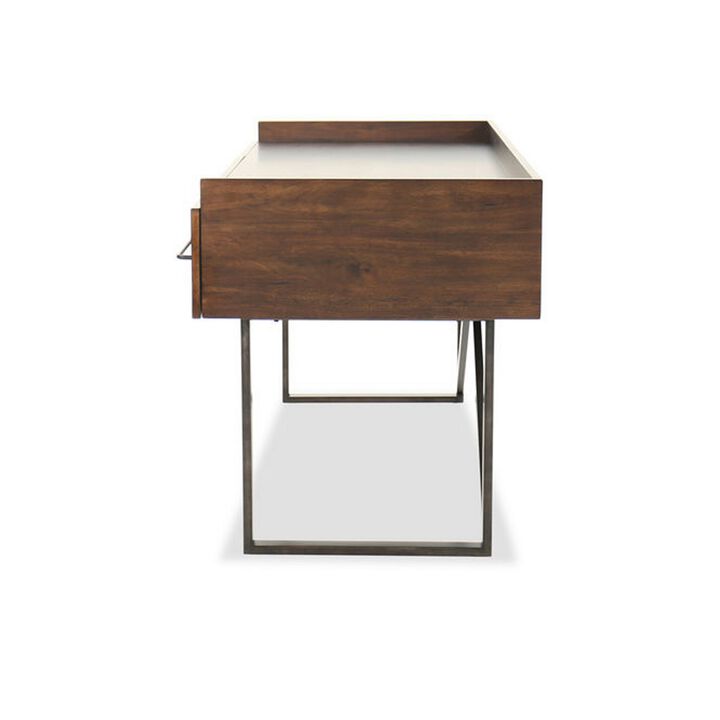 Three Drawers Wooden Desk with Tubular Metal Base and Bar Handles, Brown and Black-Benzara