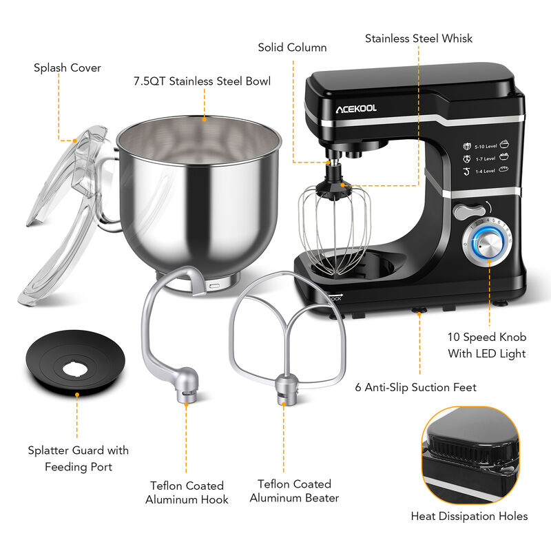 7.5QT Electric Stand Mixer,660W 10-Speed Kitchen Tilt-Head Food Mixer with Bowl for Bread Cake Salad image number 3