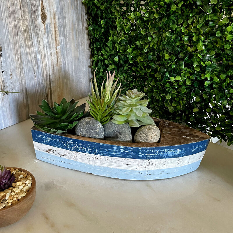 12 Inch Wooden Boat Tray &ndash; Nautical Blue Coastal Decor Centerpiece Bowl image number 1