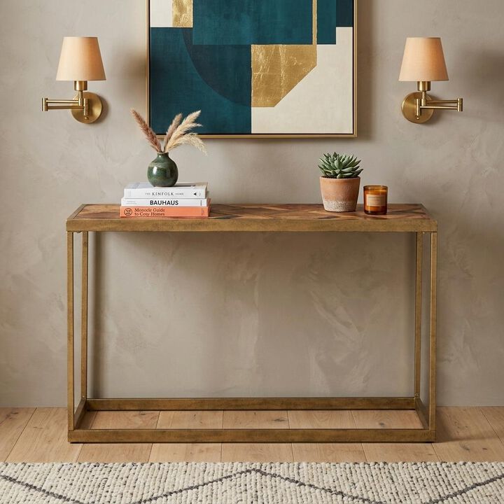 HomeRoots 48" Natural and Brass Solid Wood and Iron Frame Console Table