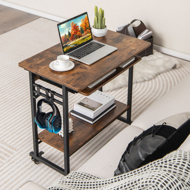 Home Office Computer Desk Cart with Pull-out Keyboard Tray-Rustic Brown
