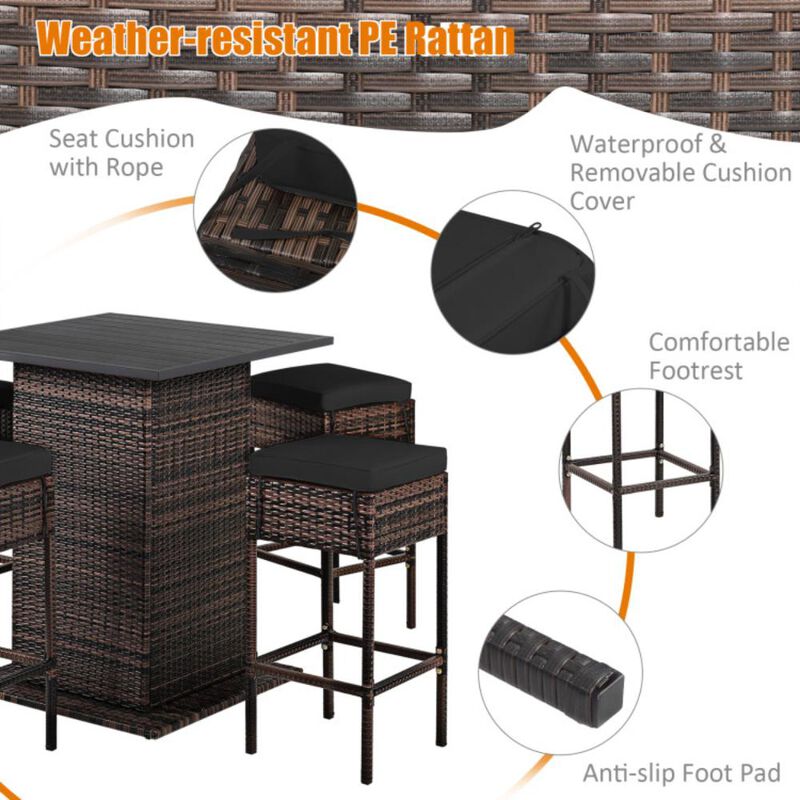 Hivvago 5 Pieces Patio Rattan Bar Furniture Set with Cushions and Hidden Storage Shelf