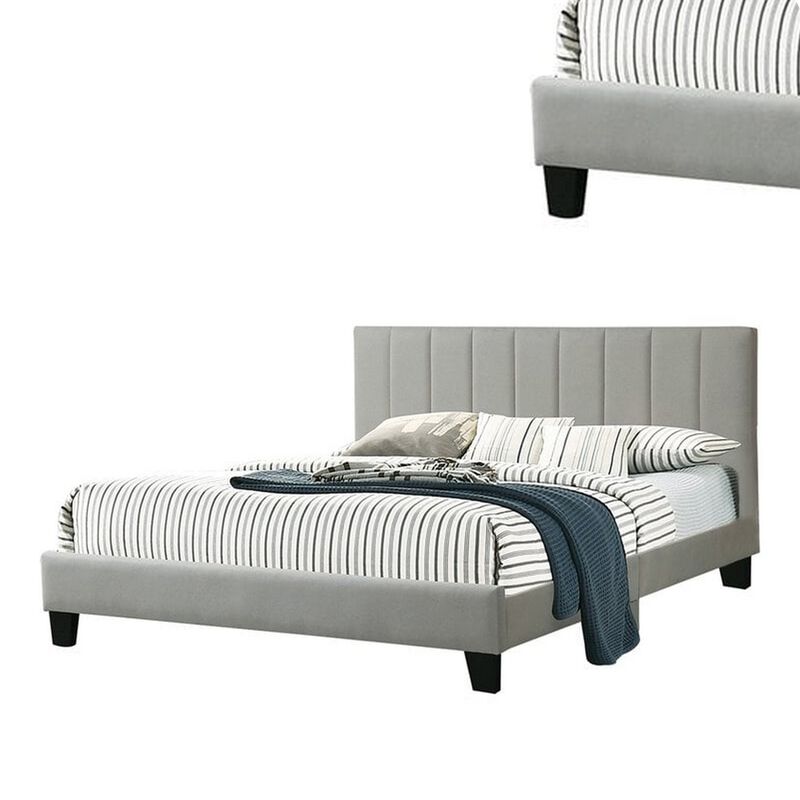 Eve Platform California King Bed, Deep Channel Tufted Light Gray Upholstery - Benzara