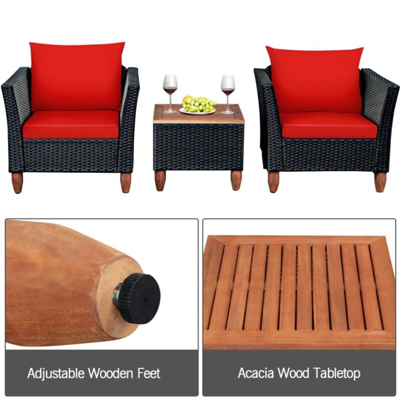 Hivvago 3 Pieces Patio Wicker Furniture Set with Cushions and Acacia Wood Coffee Table Outdoor