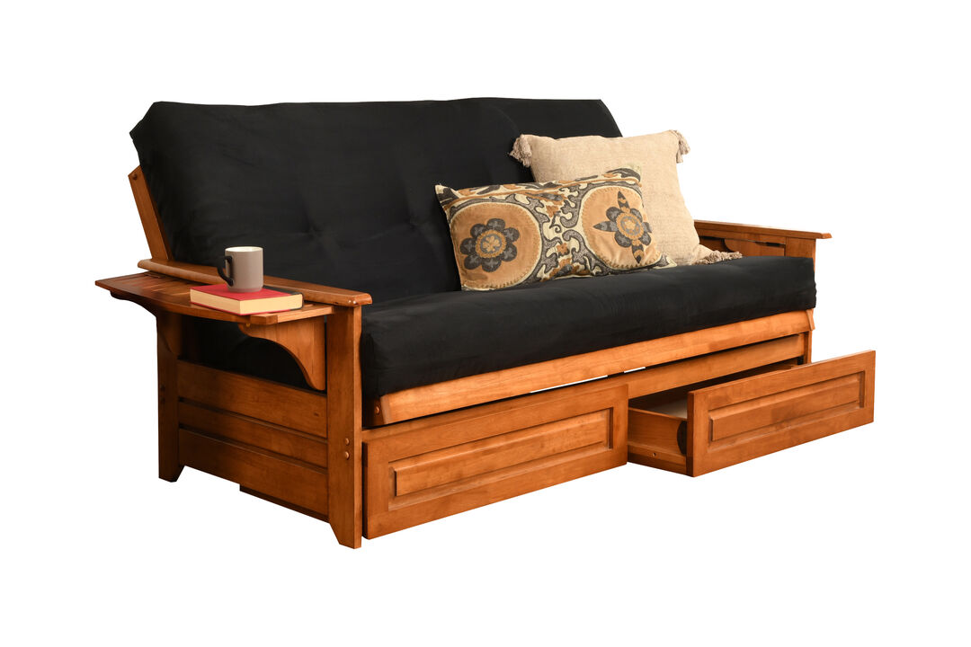 Phoenix Futon with Storage Drawers in Barbados Finish with Suede Black Mattress